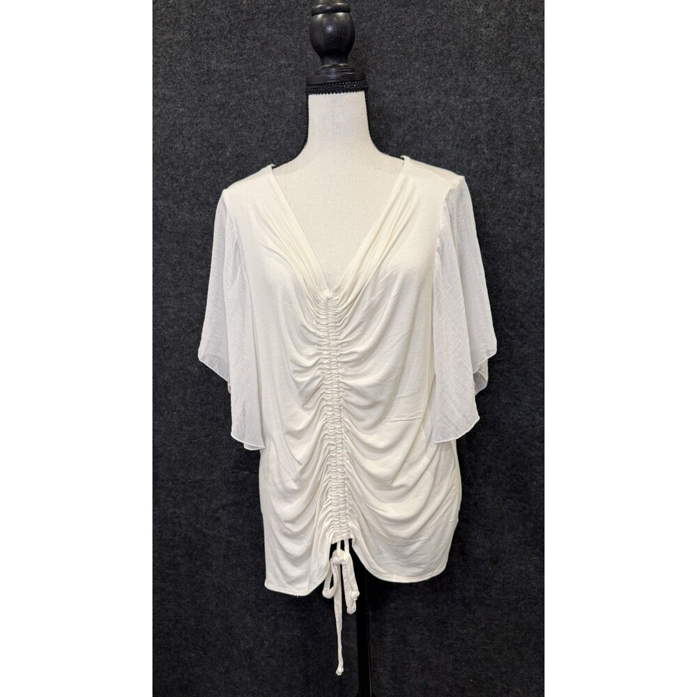 Cha Cha Vente XL Ivory Ruched Drawstring Blouse Sheer Flutter Sleeve Stretch Top